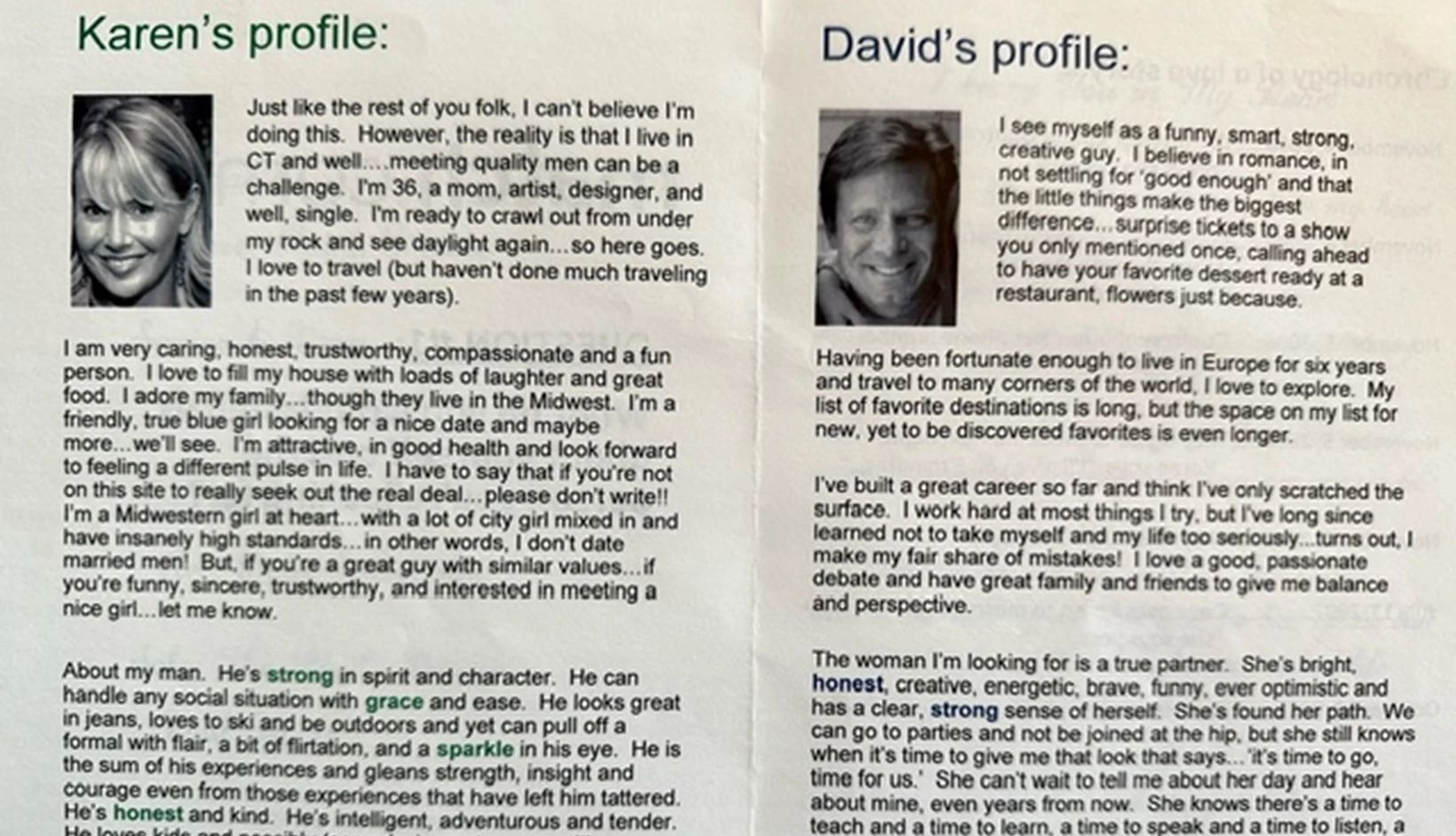 dating app profile Karen and Dave's Match.com profiles with photo