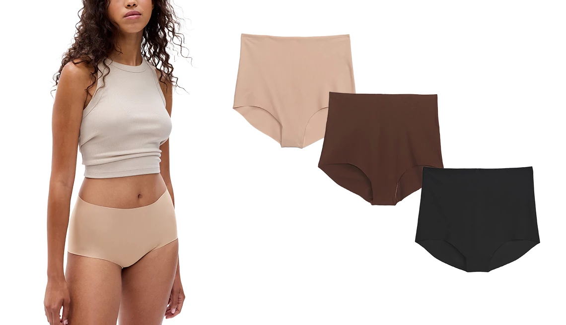 Choose fabrics and design details that work for you Gap High Rise No-Show Bikini in Brush Beige, Warm Dark Brown and True Black