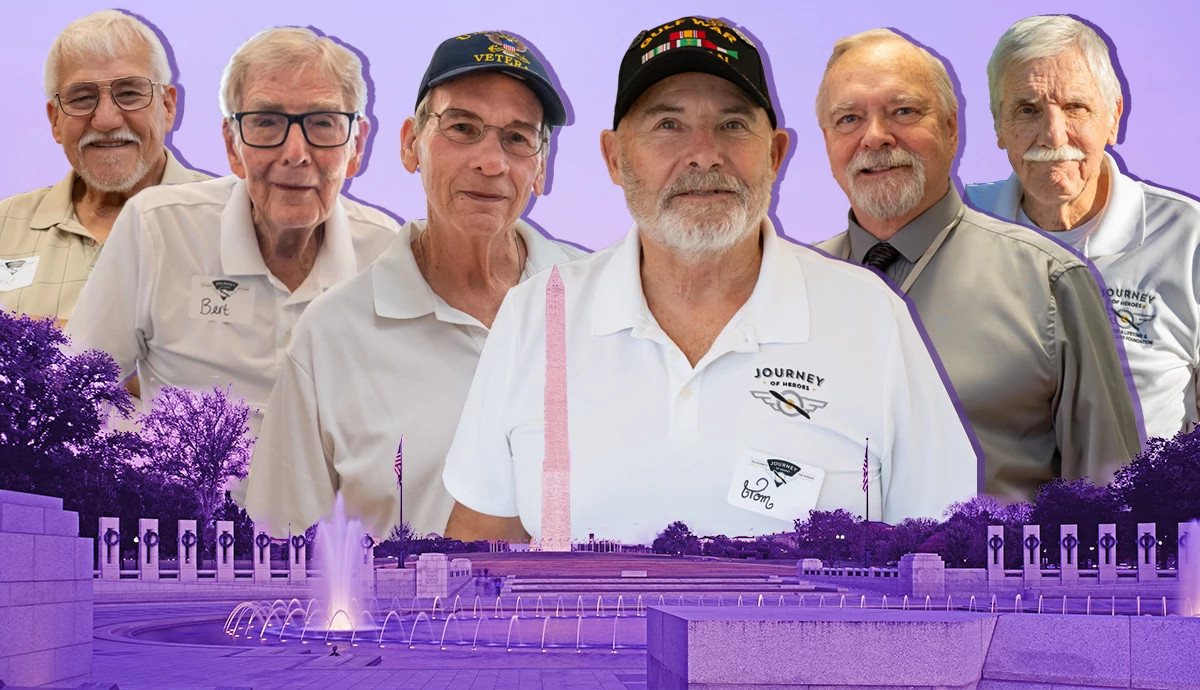 A collage with a group of veterans and a view of Washington, D.C.