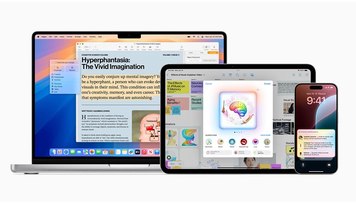 Apple announces AI on devices apple AI intelligence shown on a laptop, iPad and iPhone