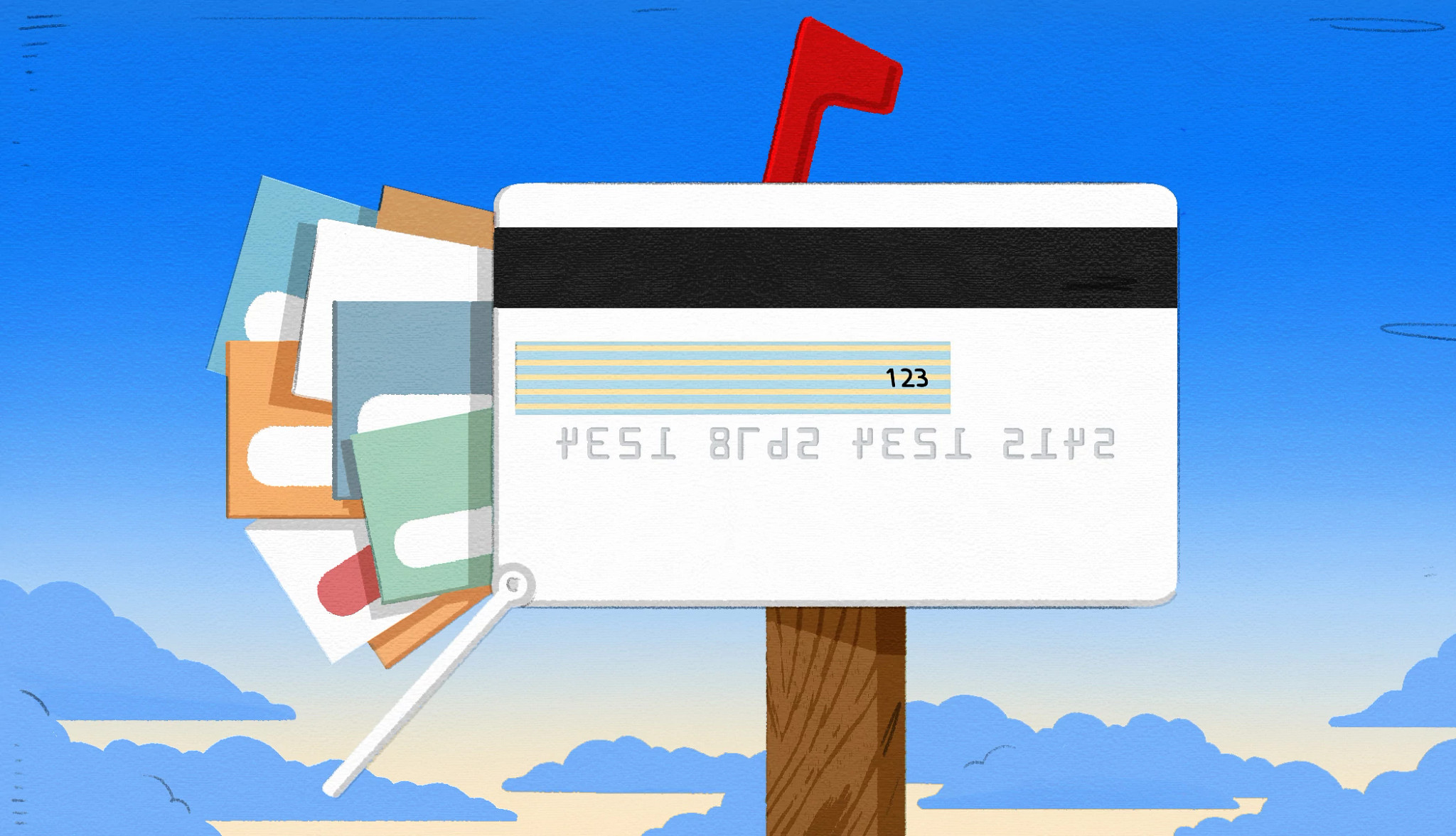 A mailbox shaped like a credit card overflows with mail