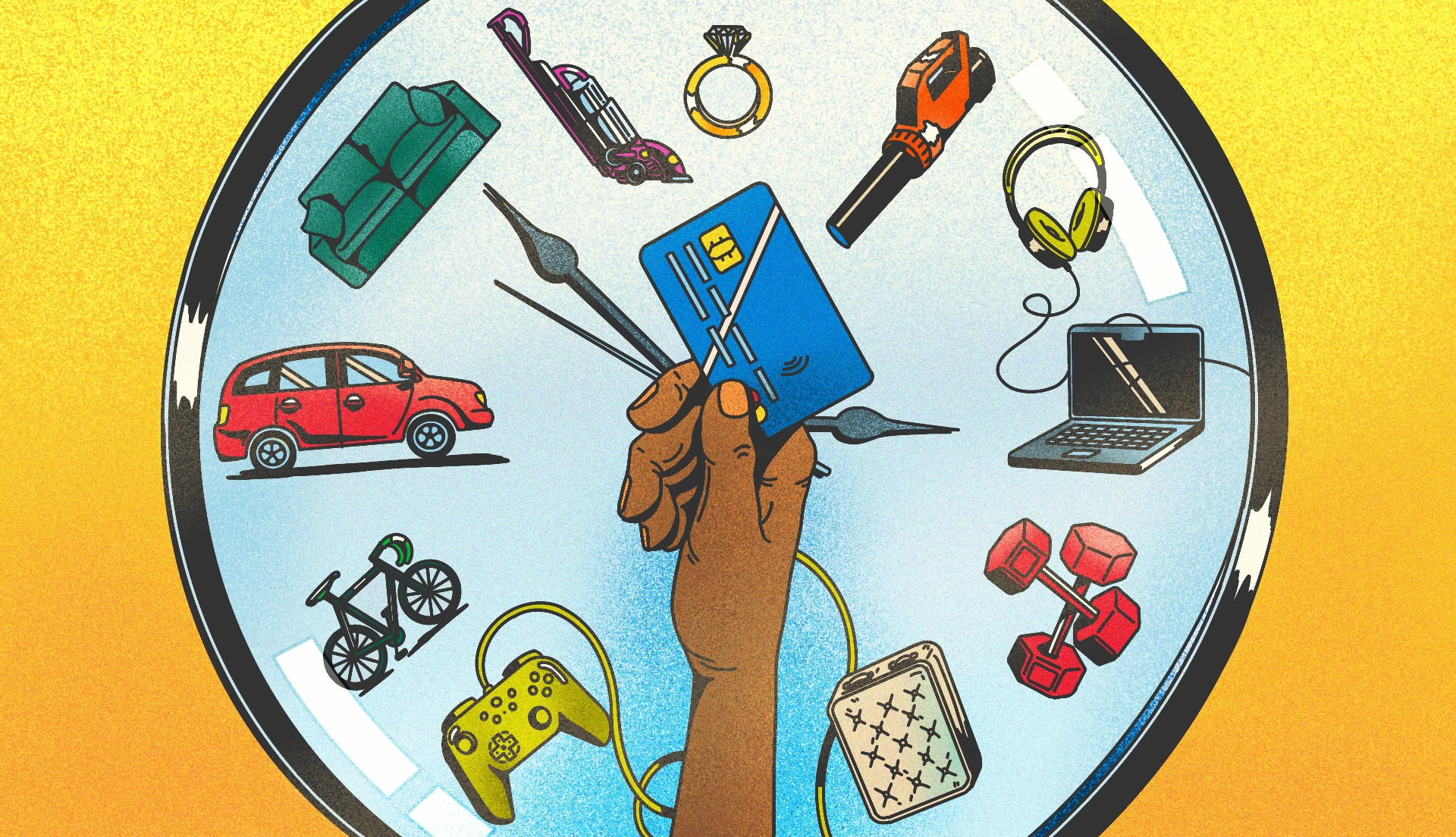 A clock face where each hour is represented by a different big-ticket item that you can find on sale throughout the year