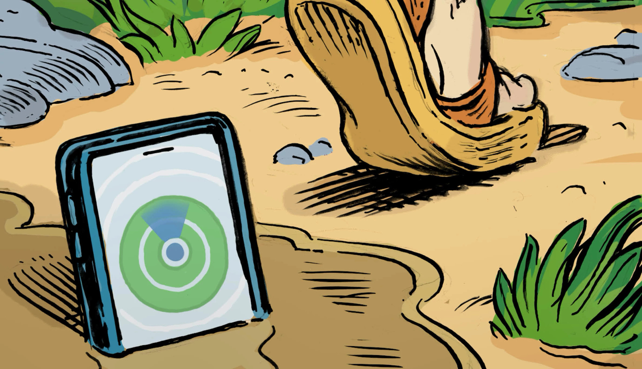 illustration of a cell phone left behind in the sand