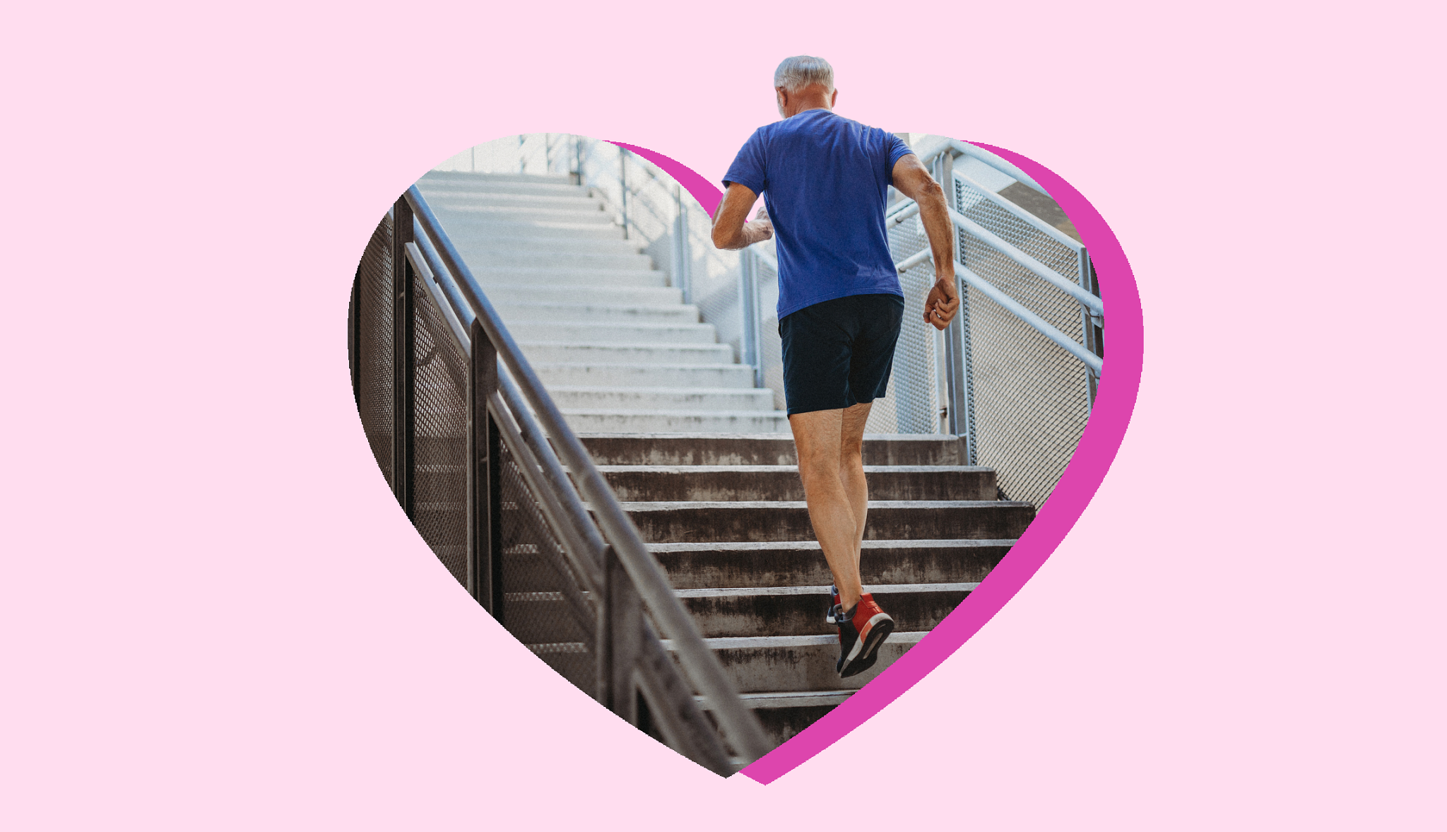 a man in a blue shirt and black shorts walking up a flight of stairs framed by a heart on a pink background