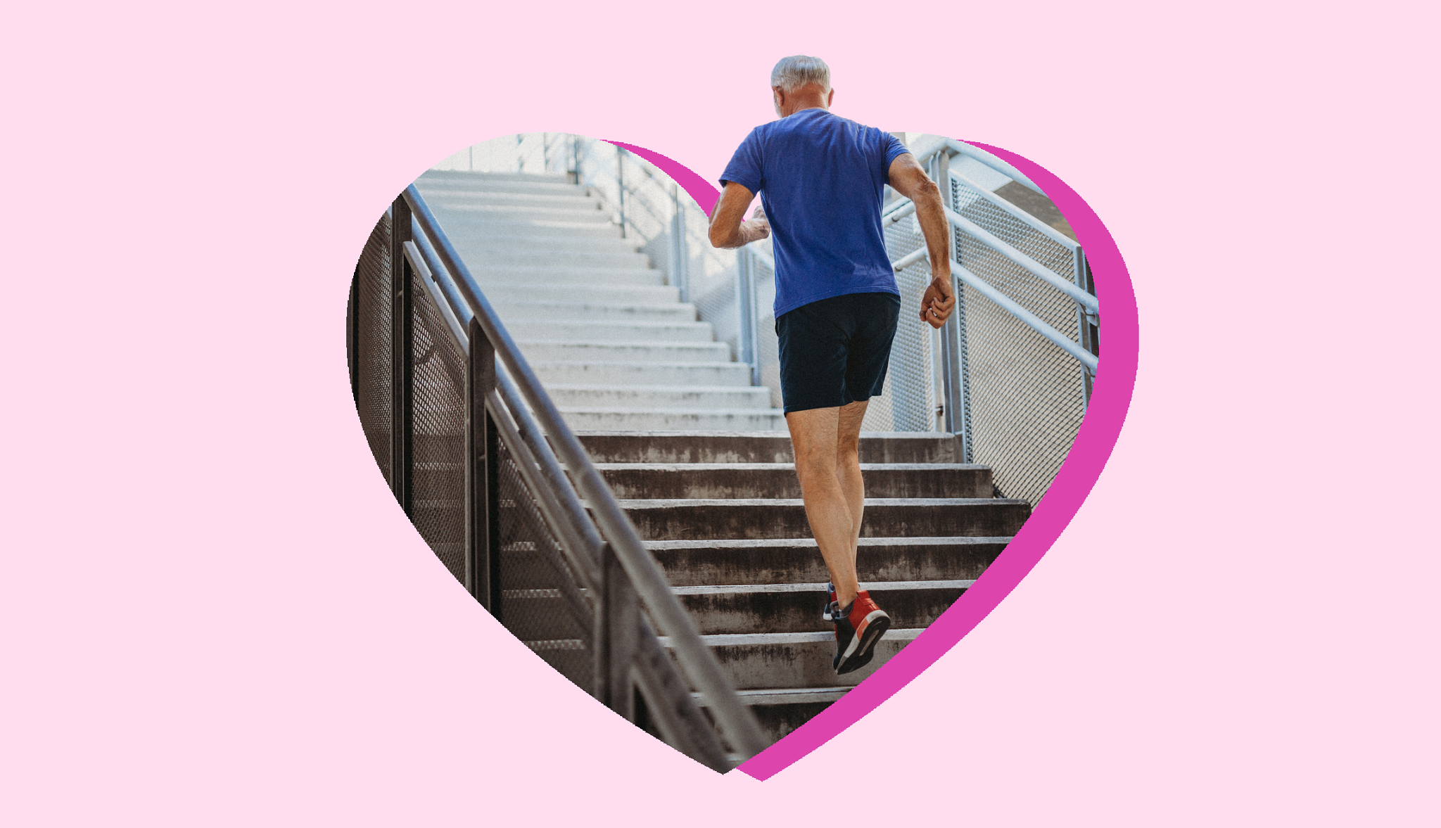 Man in Workout Gear Climbing Stairs a man in a blue shirt and black shorts walking up a flight of stairs framed by a heart on a pink background