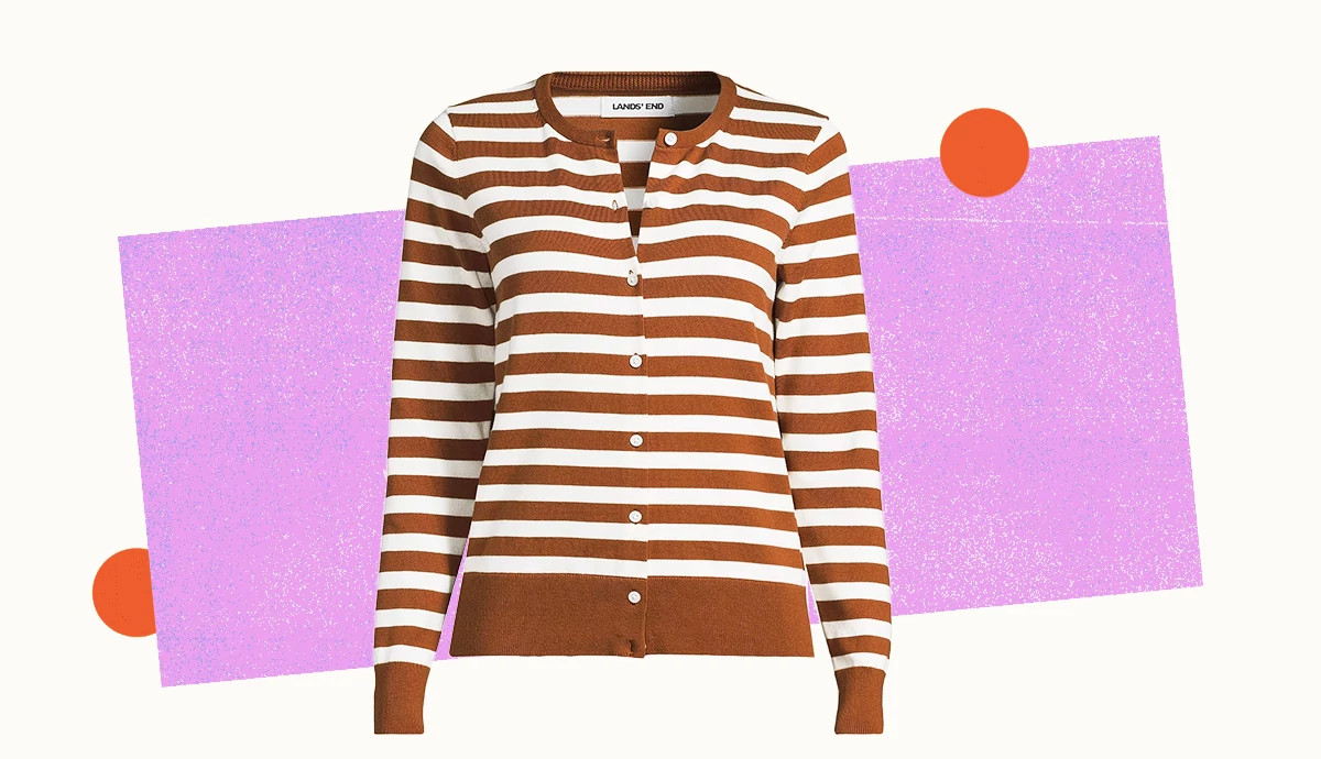 a brown and white striped fitted cardigan on a background with lavender and orange shapes
