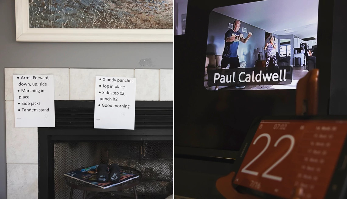 The day’s workouts are taped on Paul and Jenny Caldwell’s fireplace
