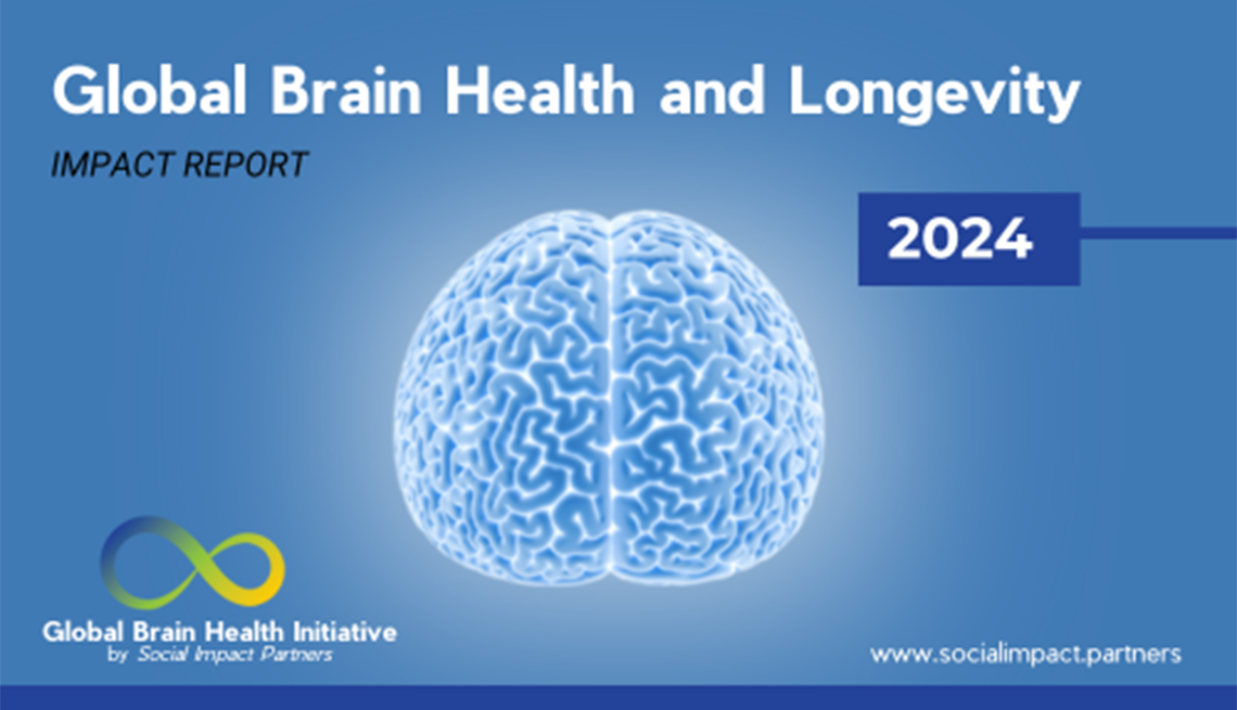 Promotion for the 2024 Global Brain Health and Longevity Impact Report A graphic with an image of a brain and the text "Global Brain Health and Longevity Impact Report," "2024," "Global Brain Health Initiative by Social Impact Partners" and "www.socialimpact.partners"