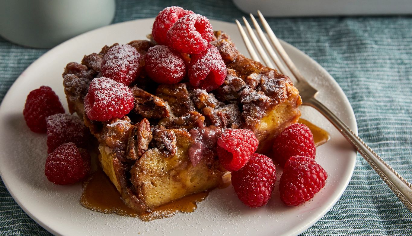 Stuffed Brioche French Toast Casserole A photo shows the Bradshaw family’s stuffed brioche french toast casserole on a white plate