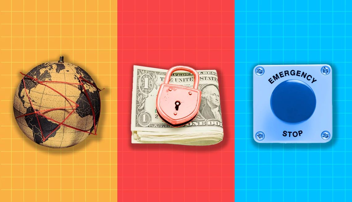The Unvarnished Truth About Scams in 2025 a blue top button a money with a lock on it and a globe with yarn around it