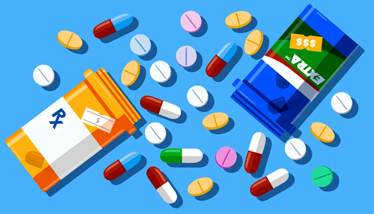 An illustration comparing a low-cost prescription bottle alongside a higher-priced brand-name pill bottle surrounded by assorted capsules and tablets.