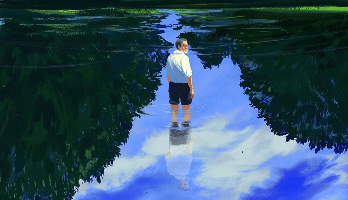 Quietly Retiring Illustration of man standing in body of water looking back at camera; reflection of man, trees and sky can be seen in water