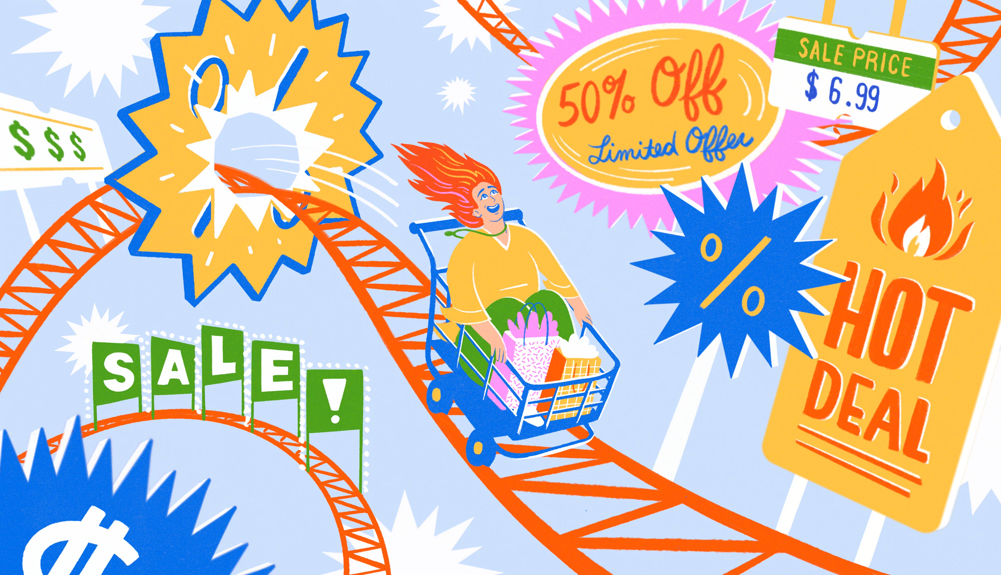 Secrets of a Pricing Expert a person on a shopping cart shaped roller coaster going past sale signs and price tags