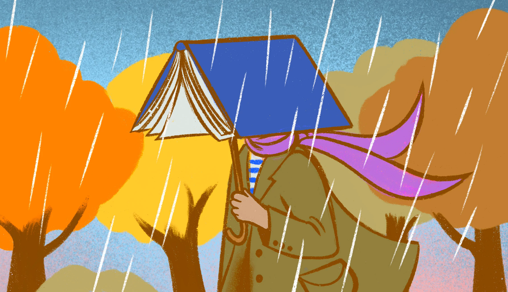 an illustration with a person walking outdoors on a rainy fall day. the top of the person's umbrella is a large, open, overturned book