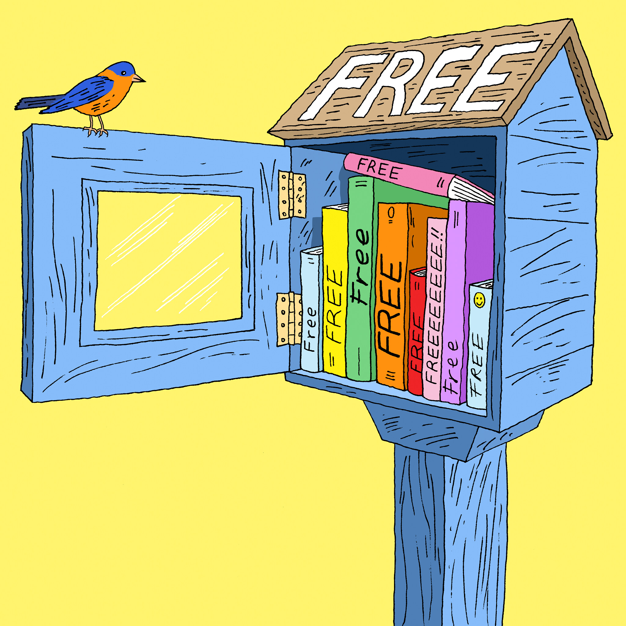 a bird perches on a little library, which has the word free on its roof