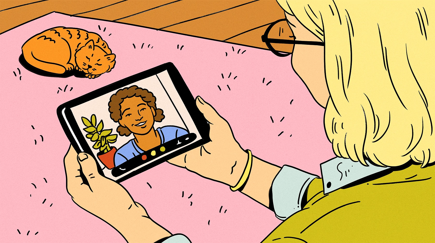 illustration from an over-the-shoulder perspective shows an older woman holding a tablet during a video call with a smiling friend, while an orange cat sleeps on a pink rug nearby, highlighting the power of voice and visual communication for building connection