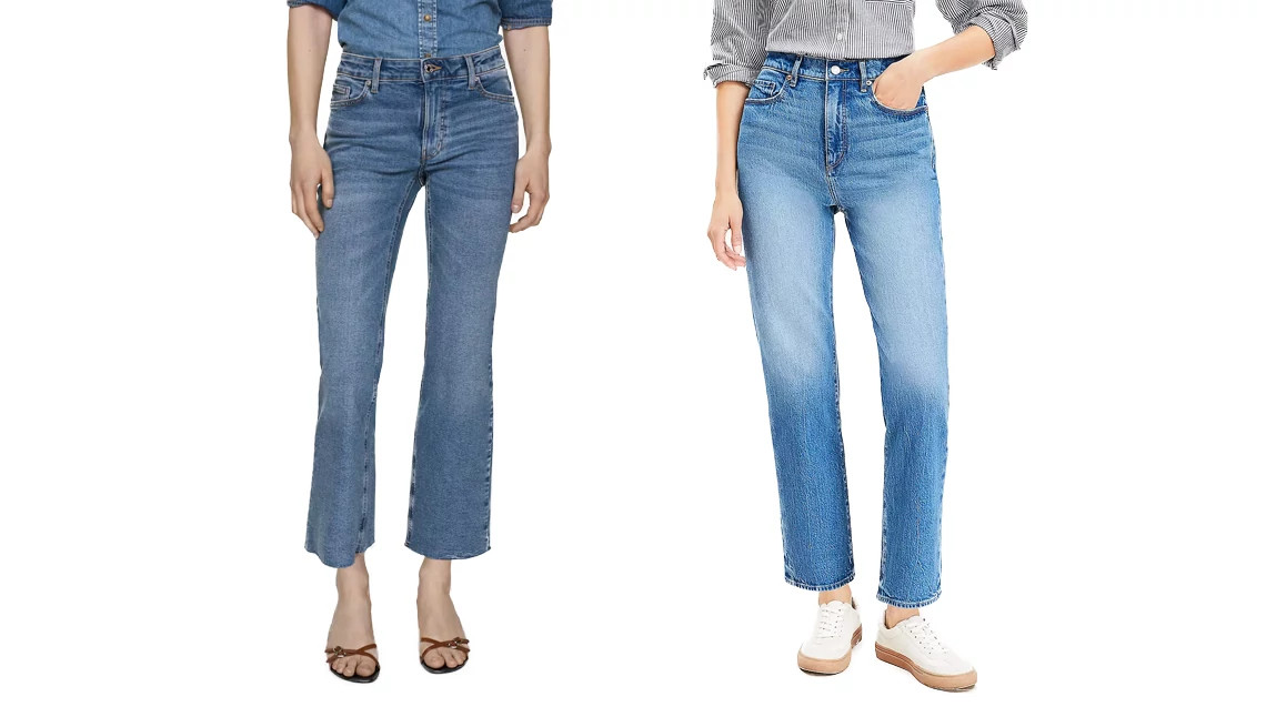 Mango Women Crop Flared Jeans in Medium Blue; Loft High Rise Straight Jeans in Vintage Mid Indigo Wash