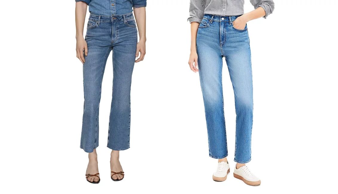 Look for modified versions of super trends Mango Women Crop Flared Jeans in Medium Blue; Loft High Rise Straight Jeans in Vintage Mid Indigo Wash