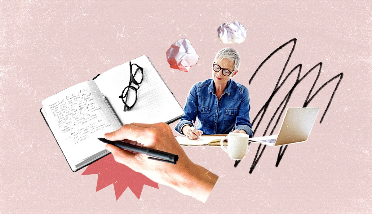 Collage illustration of a person writing in a notebook beside a laptop, coffee mug, and floating crumpled paper, suggesting the creative writing process.
