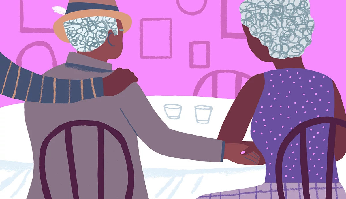 an illustration of two older people holding hands while sitting at a table