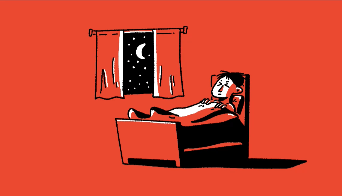 Tips from Dr. Adam on How to Stay Asleep All Night a man lying in bed awake at night looking at the moon and stars