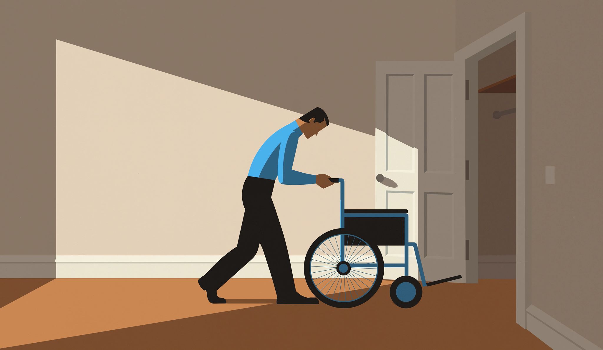 a man is pushing an empty wheelchair