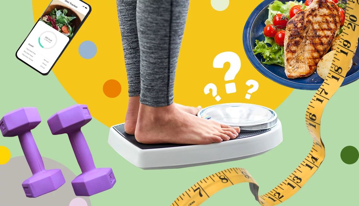 There are various methods of determining what the right weight is for you. woman's feet on a scale surrounded by images of tape measures, hand weights, a healthy meal and a calorie counting app