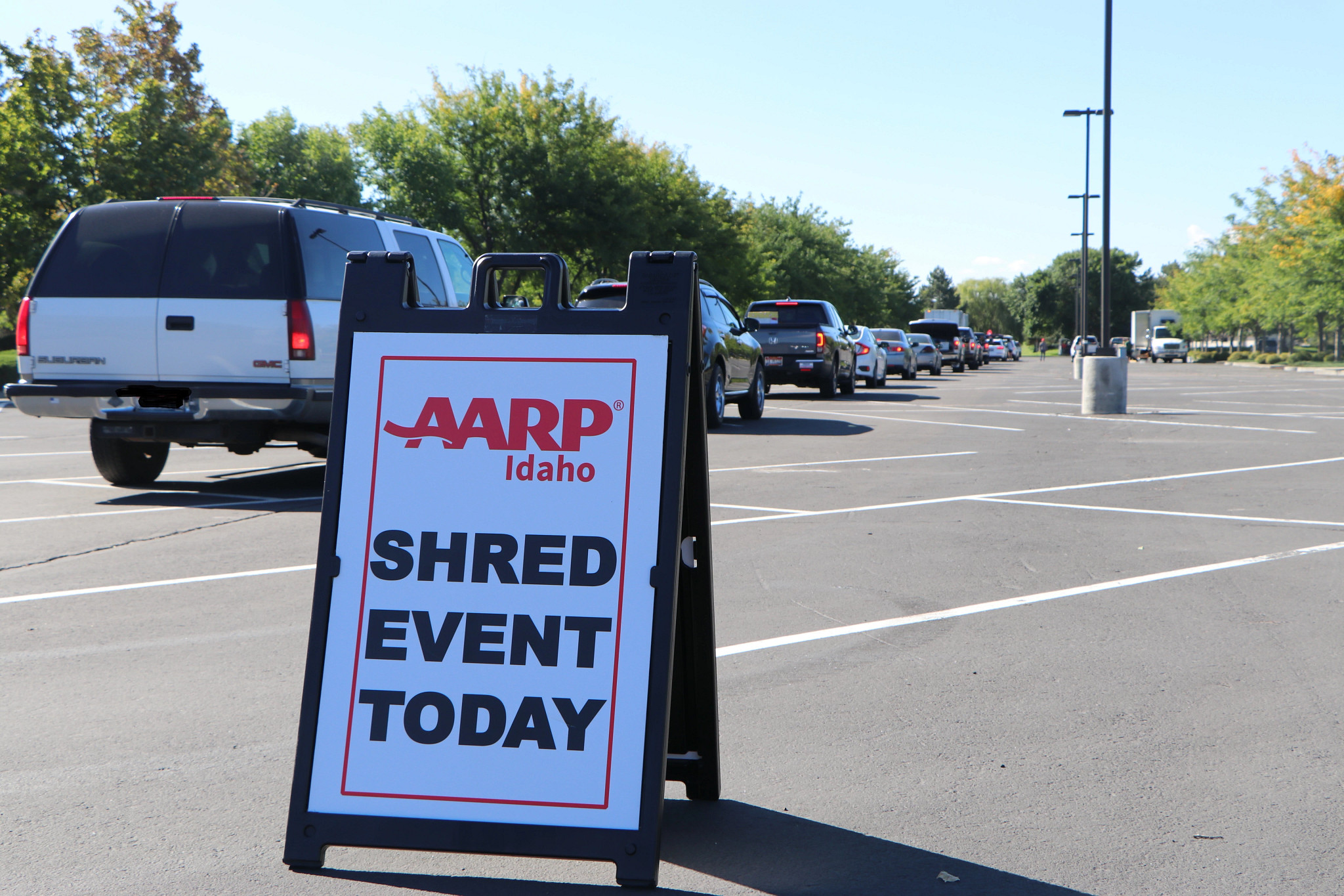 Sign reading "AARP Idaho Shred Event Today"
