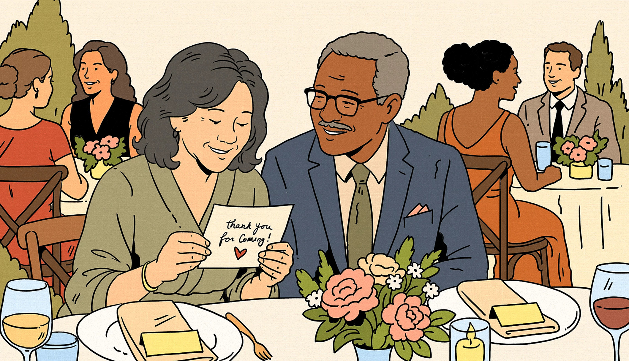 an illustration shows an older adult couple seated at a table at a wedding reception, reading a thank you card