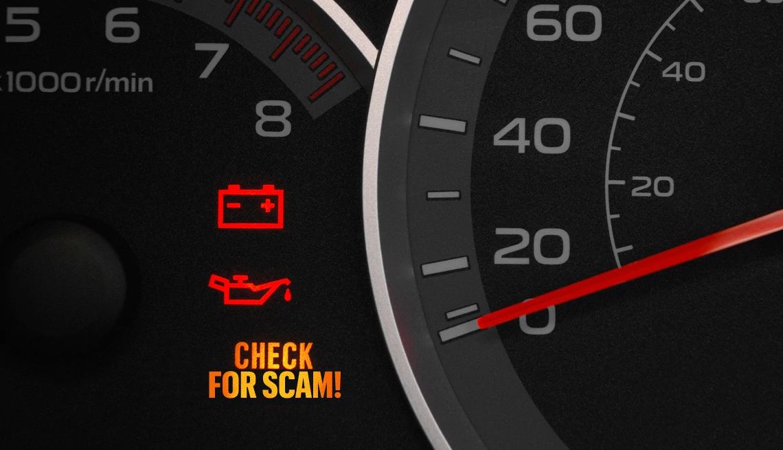 How to spot car repair scams Car dashboard with "check for scam!" highlighted