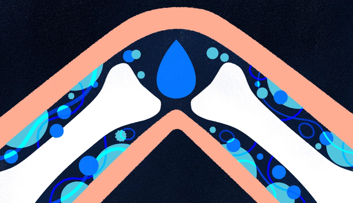 an abstract medical illustration of a joint capsule featuring a blue droplet representing synovial fluid between two bones to signify healthy lubrication