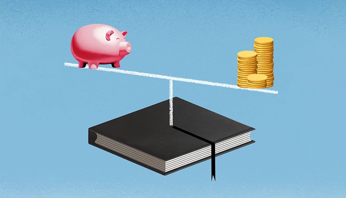 Money woe: Weighing education’s cost illustration of a piggy bank and stacks of gold coins balancing on a book
