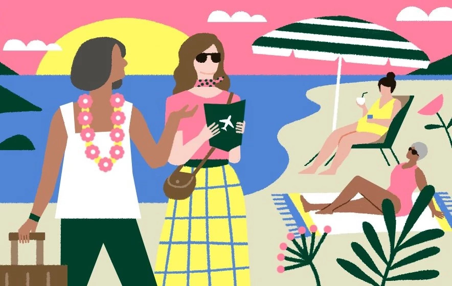 Illustrated women outdoors, dressed in casual travel attire with hats and handbags. The background features illustrated mountains, a city skyline, an airplane, and a sun, symbolizing travel and adventure.