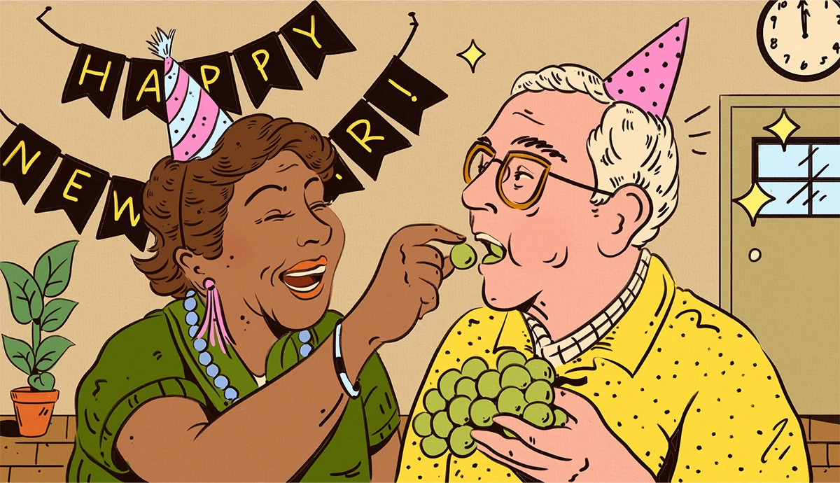 an illustration shows an older adult woman feeding a man grapes at a new year’s party