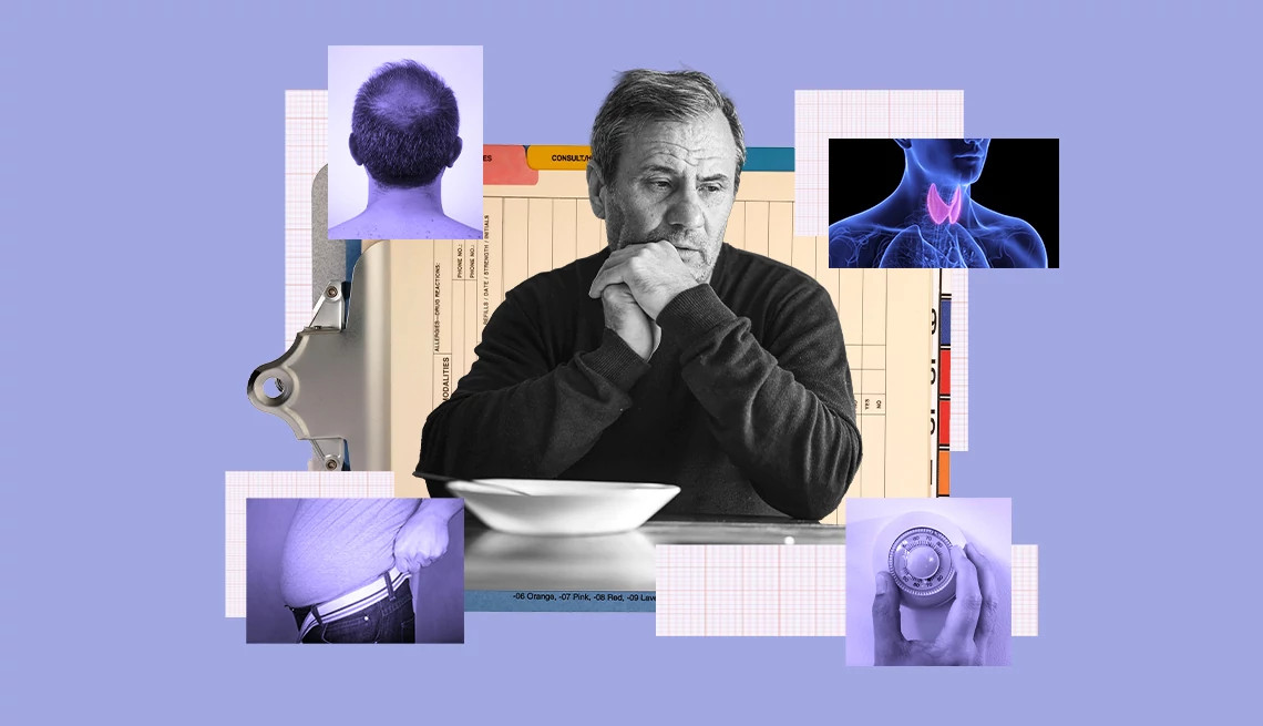 collage illustrating thyroid disorder symptoms features an older man looking concerned. It is surrounded by inset photos showing thinning hair, a glowing thyroid gland, a person struggling to button tight jeans, and a hand adjusting a thermostat dial