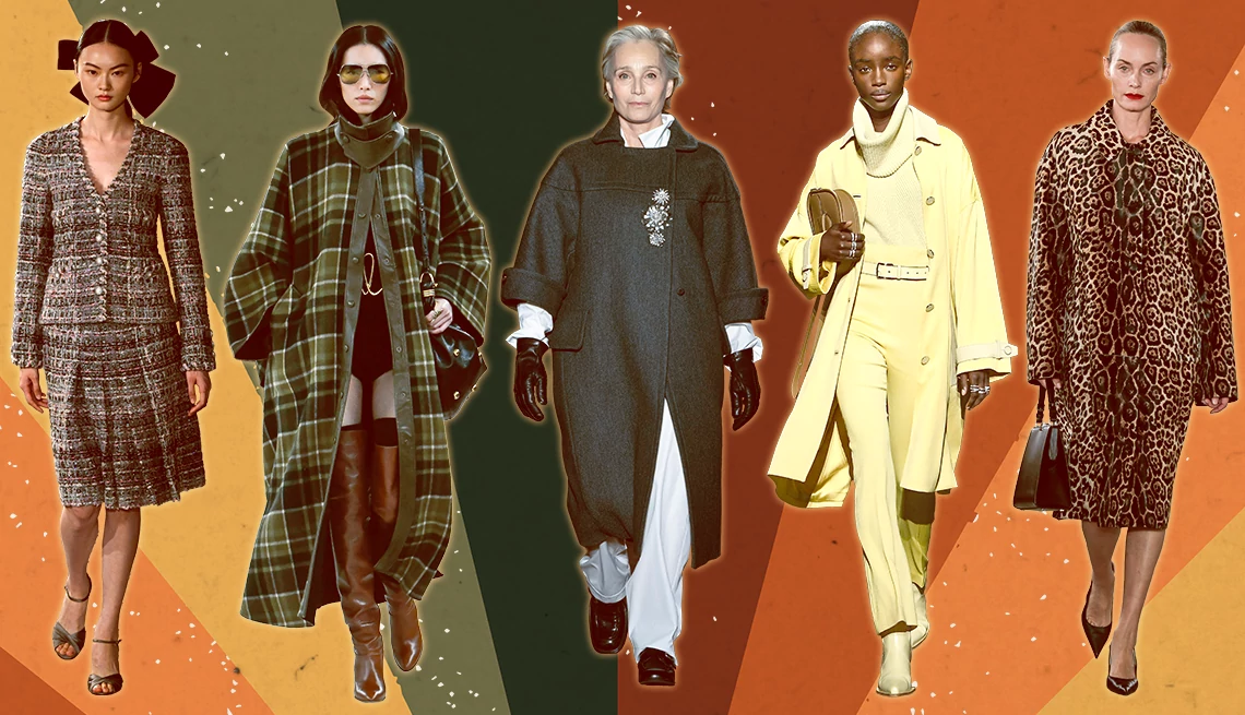 Models walking the runway in fall wardrobe Different models walking the runway for fashion shows displaying clothing for Fall/Winter 2024-2025