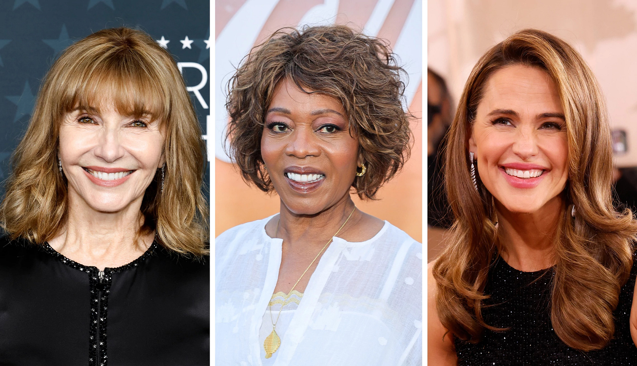 a collage with portraits of mary steenburgen, alfre woodard and jennifer garner, all with subtle hair highlights