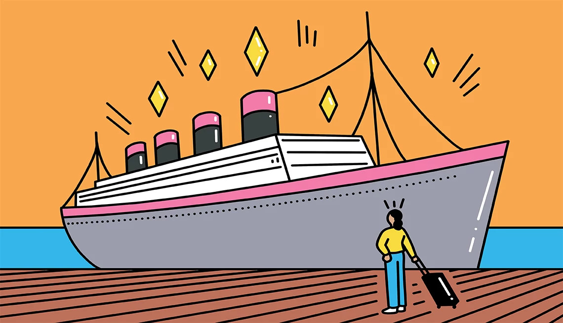 an illustration of a person looking at a sparkling cruise ship