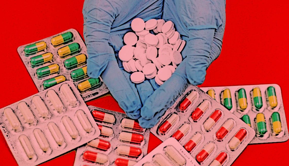Counterfeit Medications illustration of hands holding pill capsules