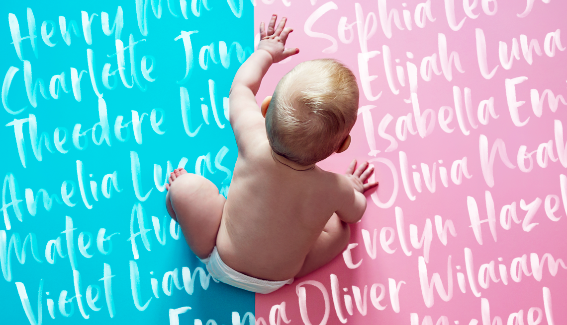 Most Popular Baby Names 2024 a baby with a blue and pink background surrounded by names