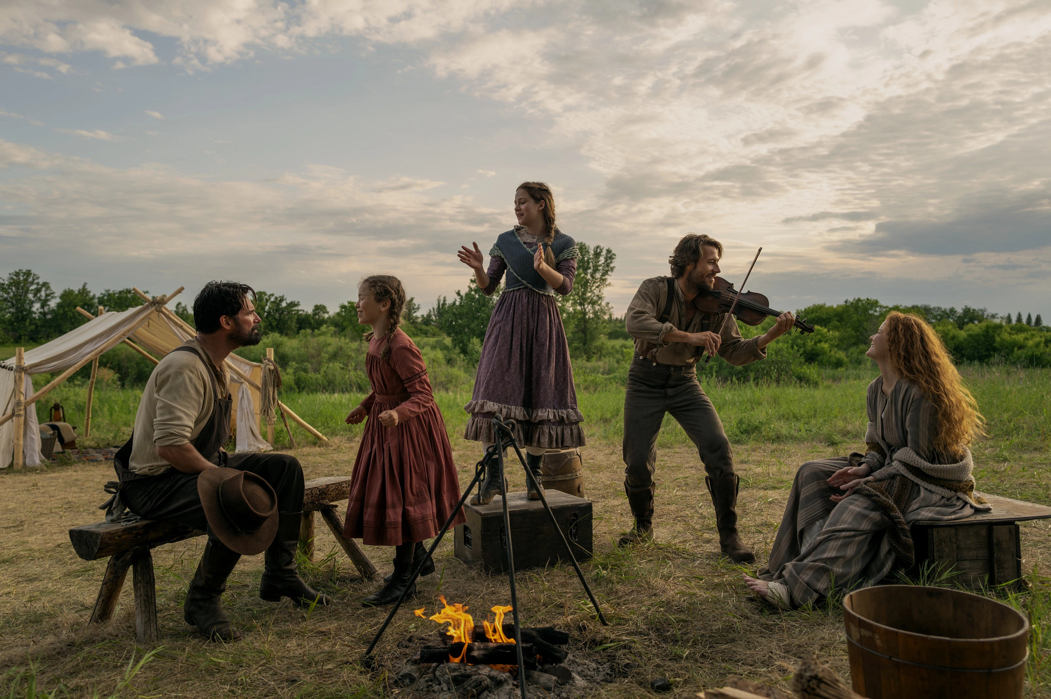Warren Christie Alice Halsey Skywalker Luke Bracey and Crosby Fitzgerald in a scene from Little House on the Prairie