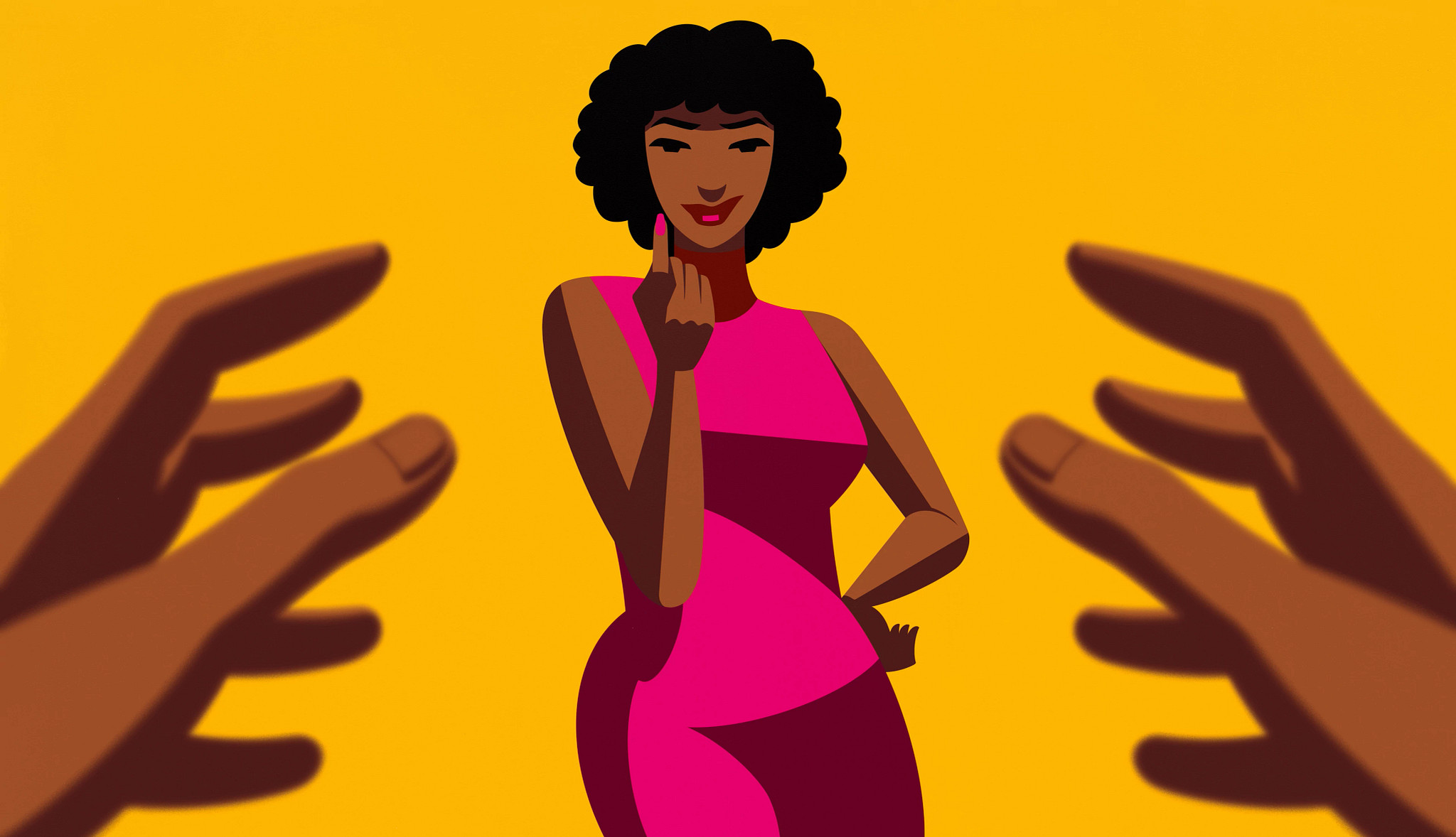 A woman alluring points her partner to come hither, but remains tantalizingly out of his reach