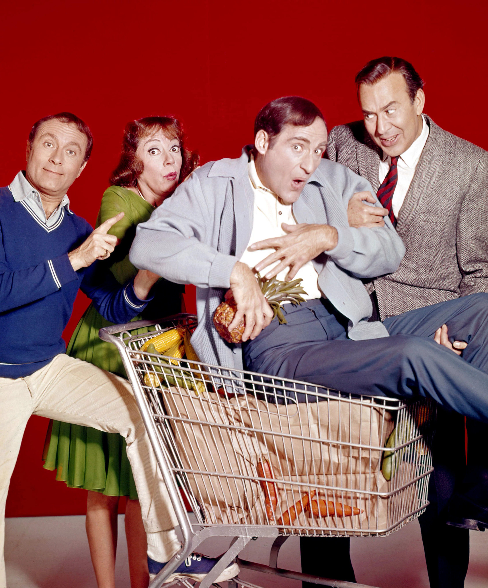 sid caesar in a funny group portrait with howard morris, imogene coca and carl reiner