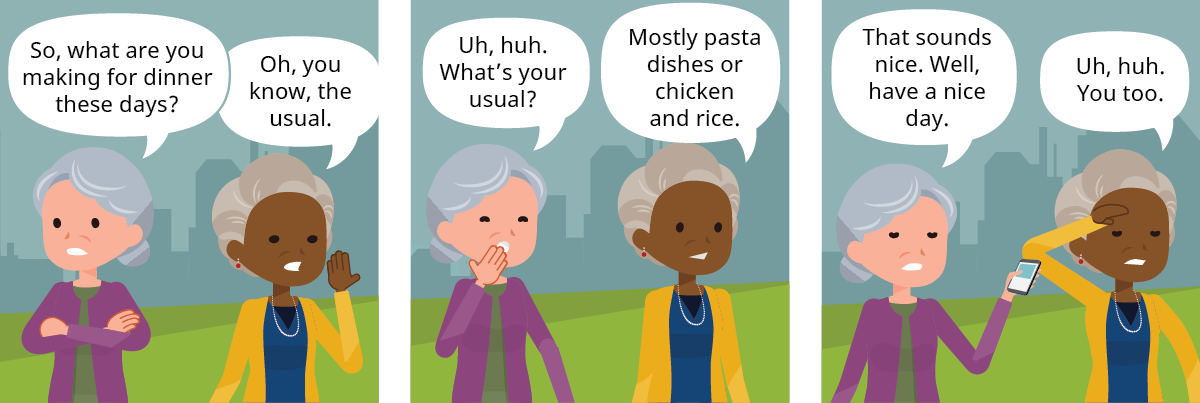 An illustration showing two women talking for a much shorter amount of time because they are not using active listening skills.