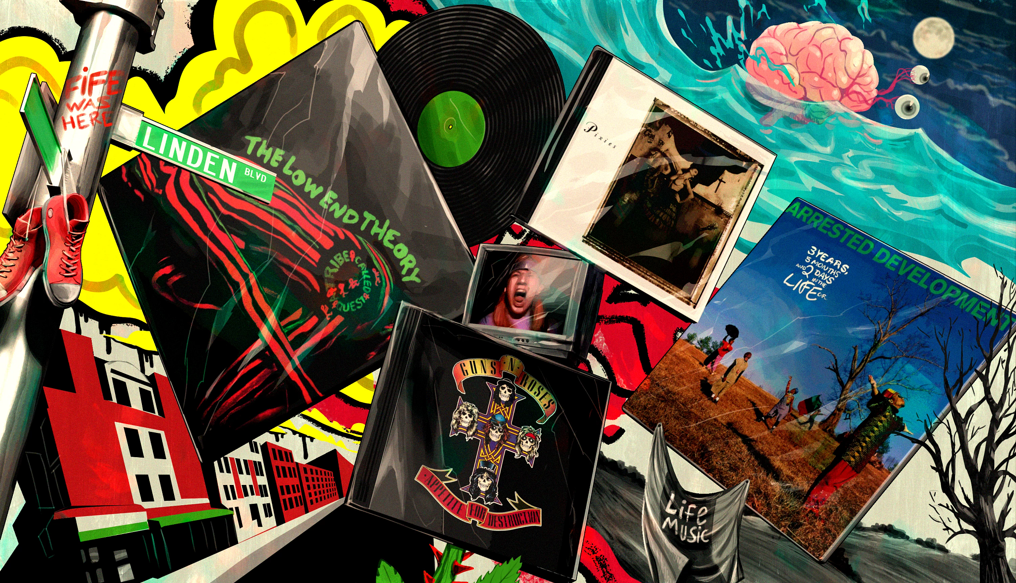 a colorful collage featuring album covers from a tribe called quest, guns n roses, the pixies and arrested development