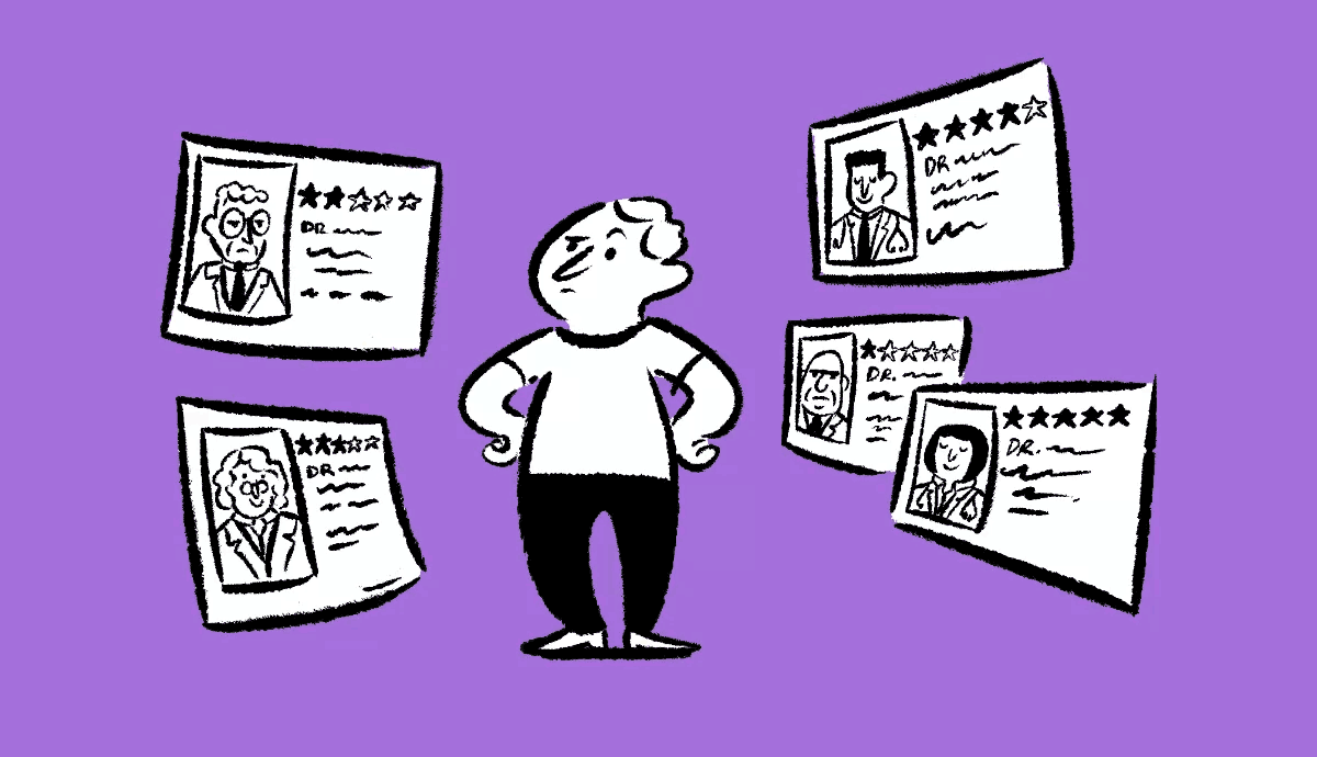 An illustration on a purple background shows a person standing with hands on their hips, thoughtfully considering several floating doctor profile cards with portraits and star ratings around them.