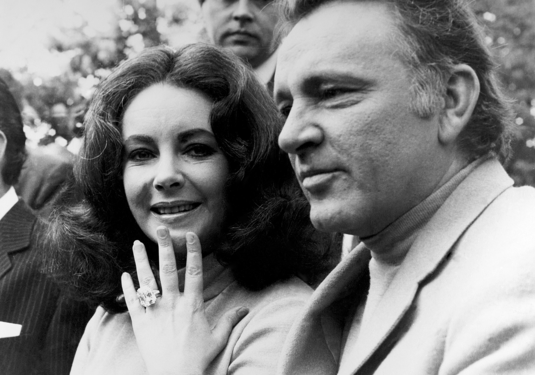 Film star Elizabeth Taylor showing ring worth 127 thousand pounds that she offered Richard Burton on May 20, 1968
