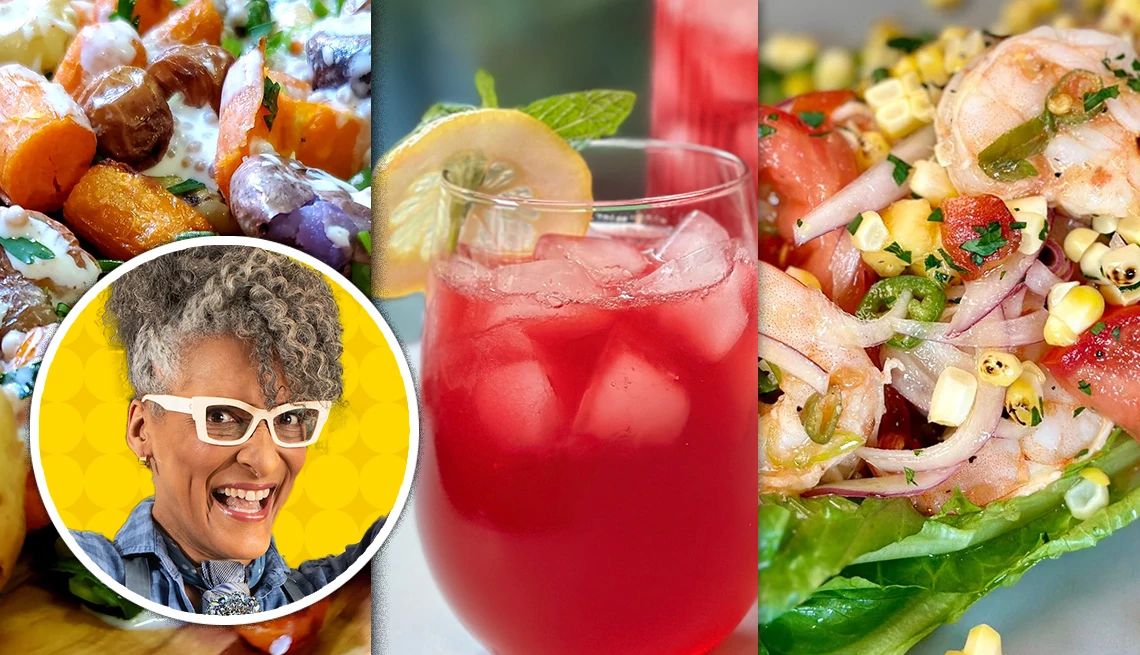 Chef Carla Hall’s Summertime Menu for Two Side-by-sides of Smashed Peewee Potatoes and Carrots With Mustard Seed Mayo Drizzle, Hibiscus Ginger Sweet Tea Soda and Summer Shrimp Wedge Salad; image of Carla Hall in circle in bottom left