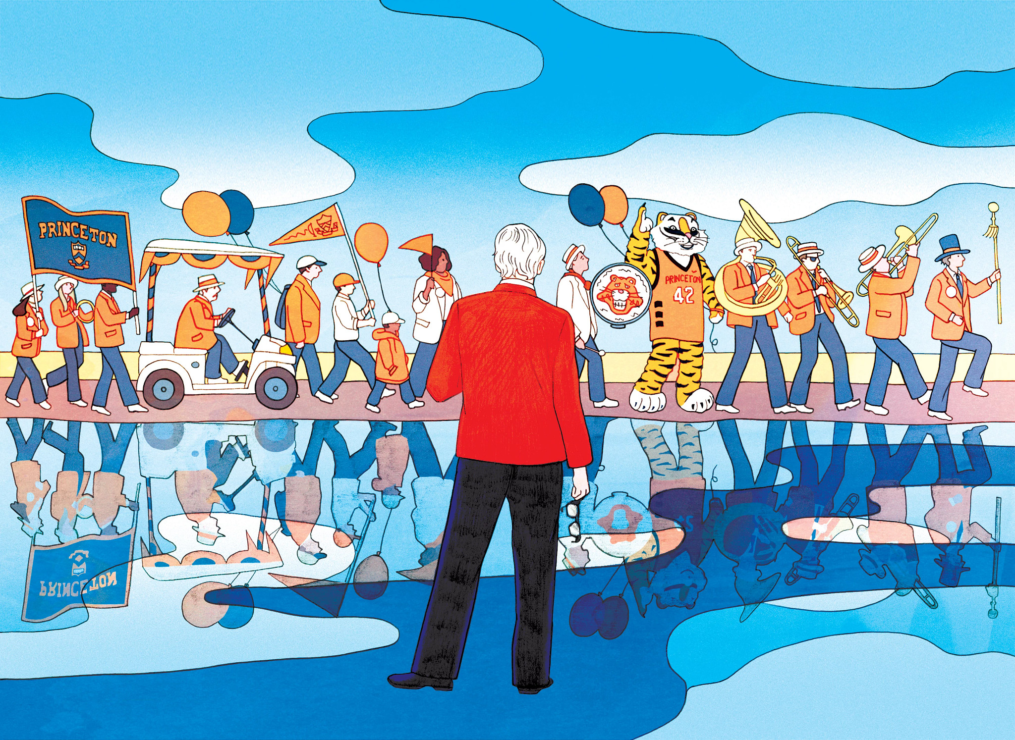 A man at his 60th college reunion watches a multigenerational parade of Princeton alums march past a reflecting pond