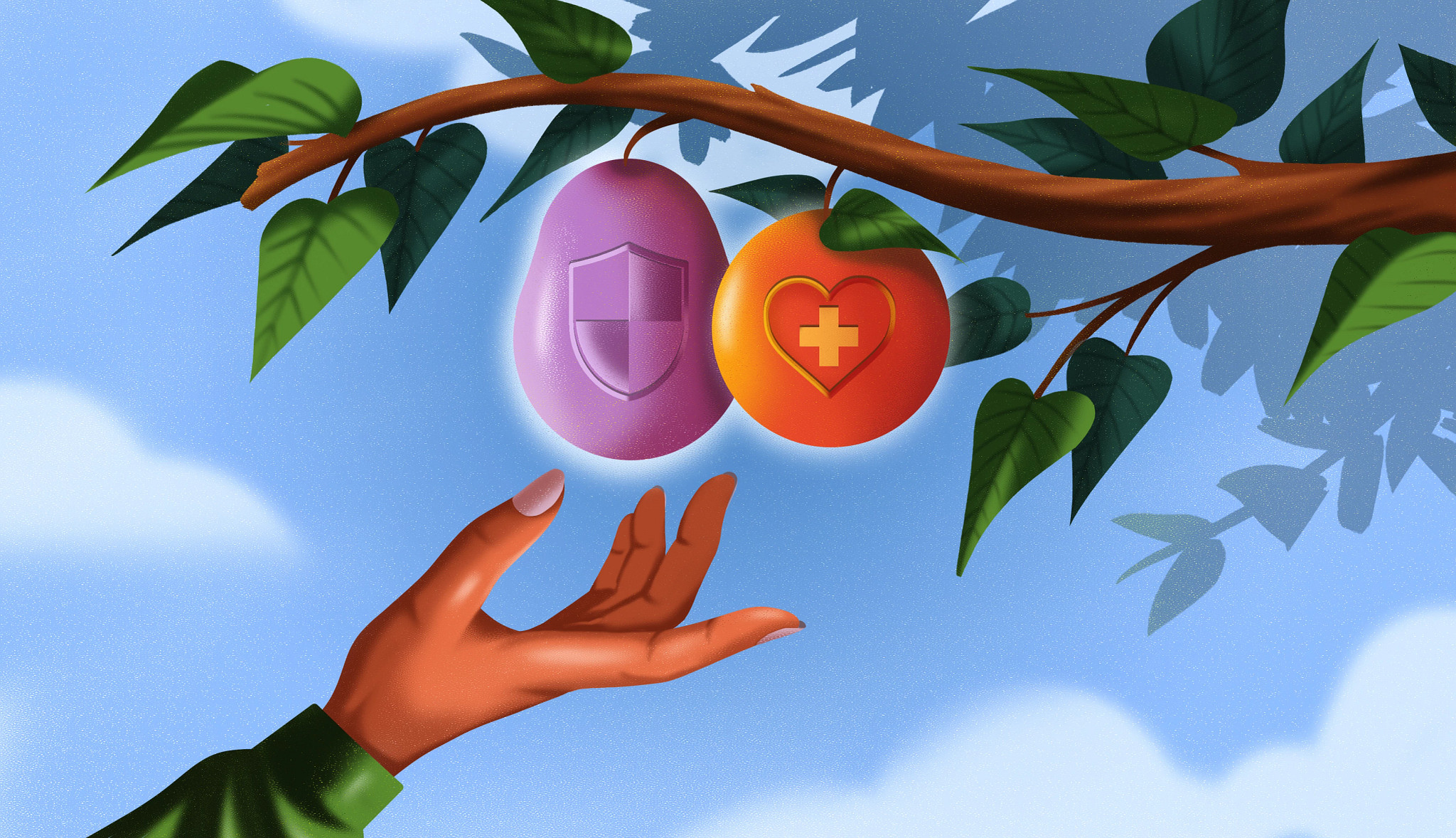a hand reaches toward two pieces of fruit on a tree, one representing life insurance and the other representing long term care
